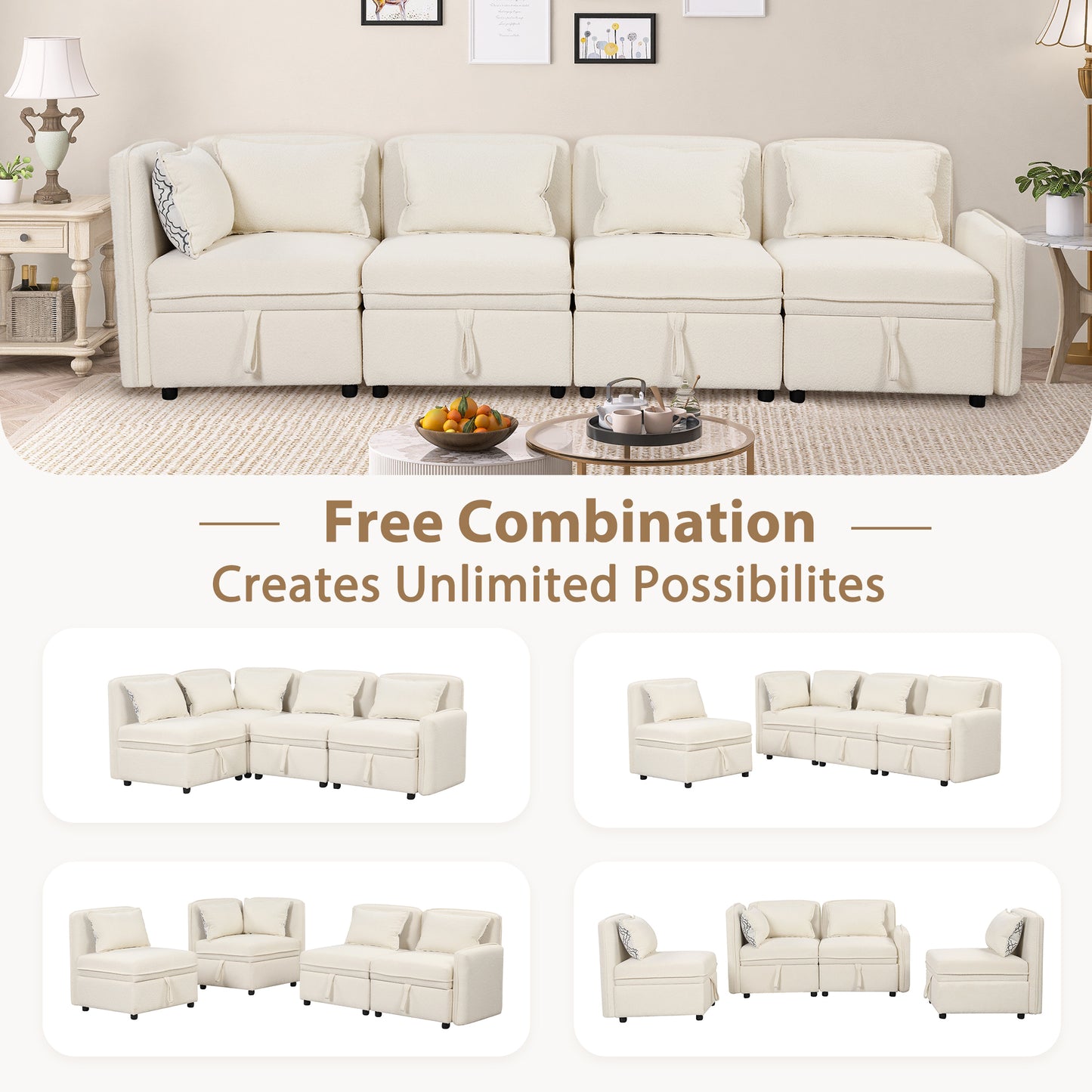 Convertible Modular Chenille Fabric Sectional Sofa with Built-in Storage and 5 Pillows