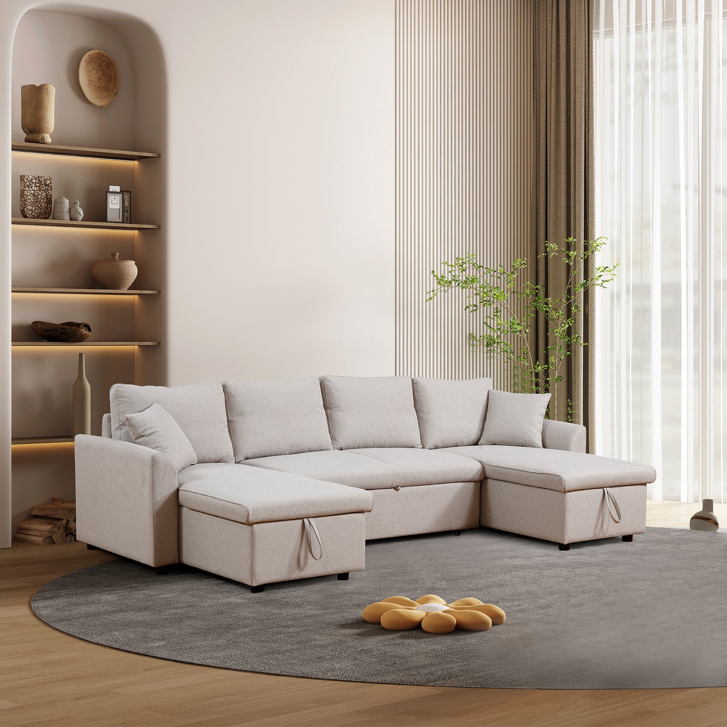 Artemax U-Shape Pull-out Sleeper Sectional Sofa with Double Storage Spaces ,BEIGE