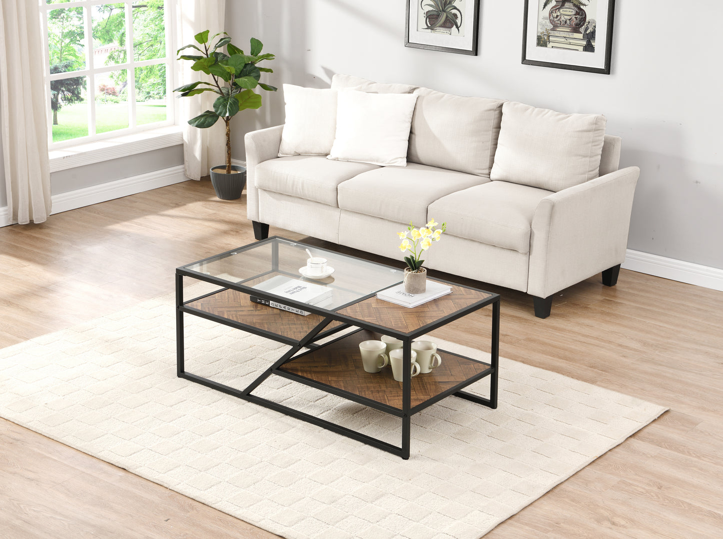 Sleek Black Coffee Table with Tempered Glass Top and Storage Shelf: Ideal for Living Room and Bedroom