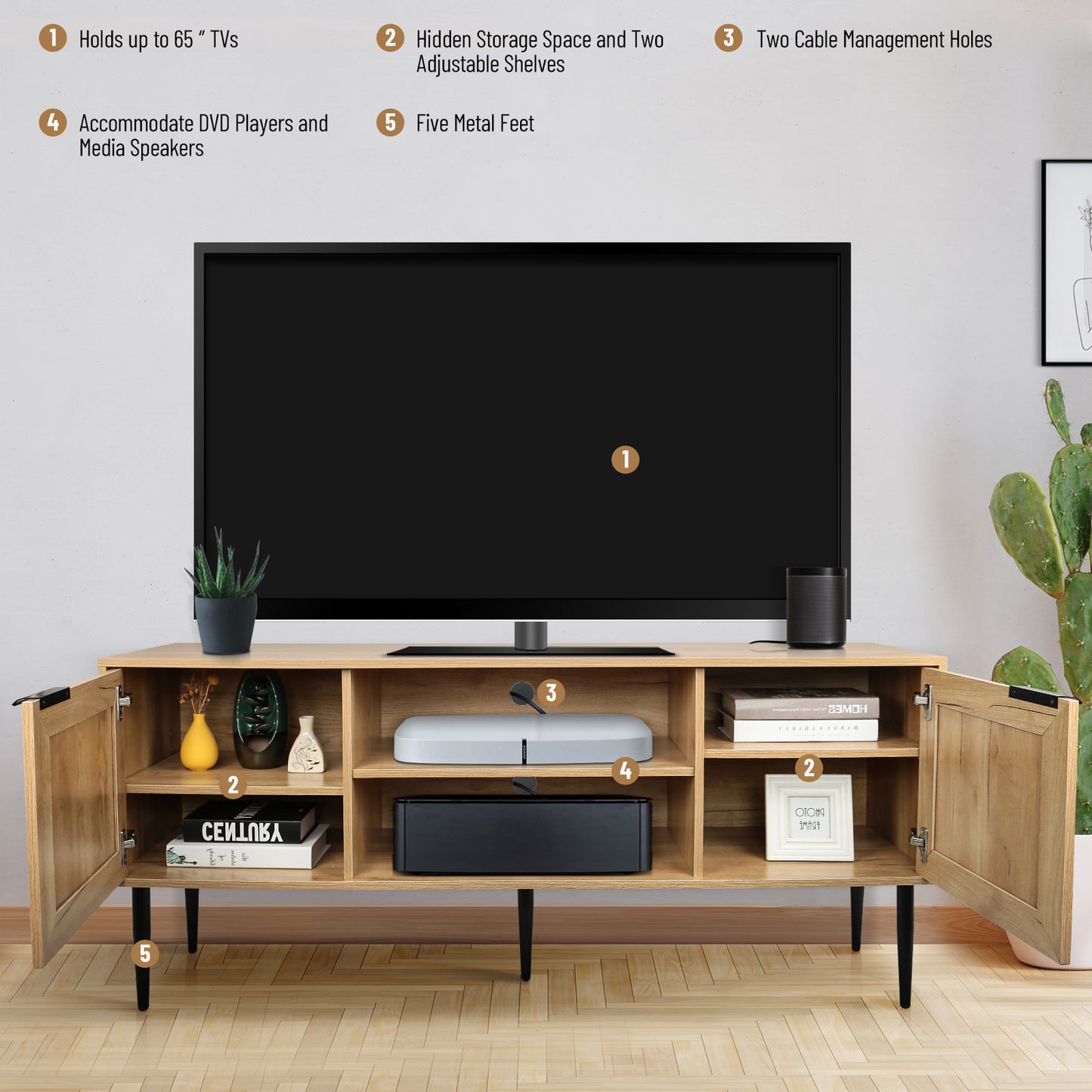 Rattan-Doored Wooden TV Stand with Open Shelves for TVs up to 65 Inches