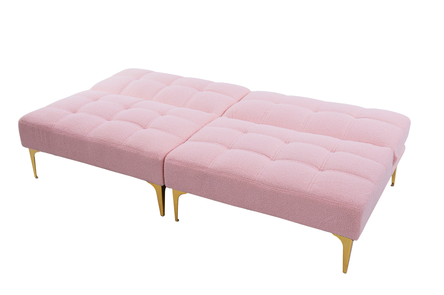 Convertible Pink Teddy Fabric Sofa Bed with Gold Metal Legs