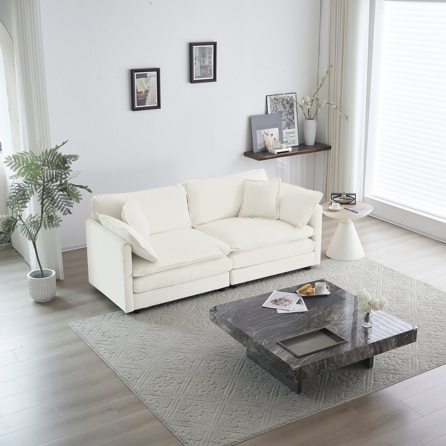 Armless Deep Seat 2 Seater Chenille Fabric Sofa to Combine With Alternative Arms and Single Armless Sofa , White Chenille