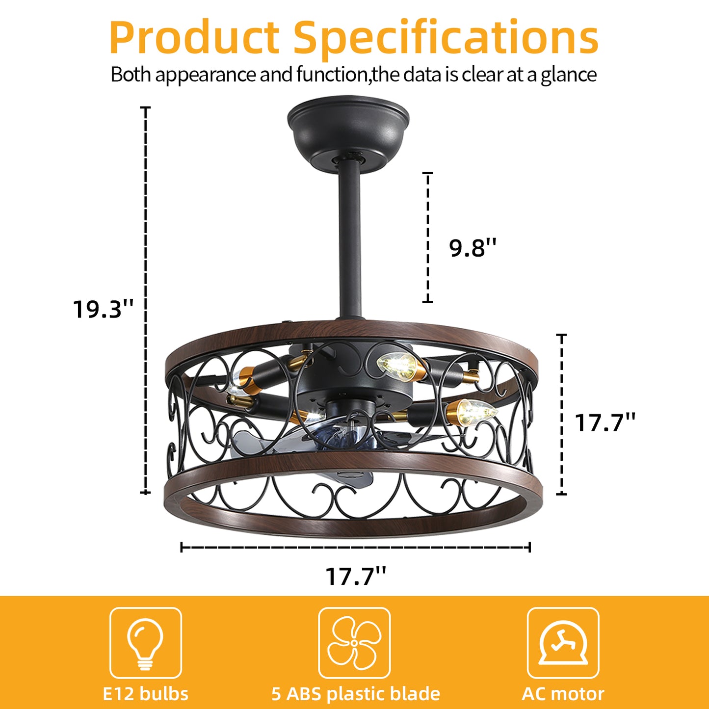 18 Retro Style Ceiling Fan with Caged Lights and Remote Control