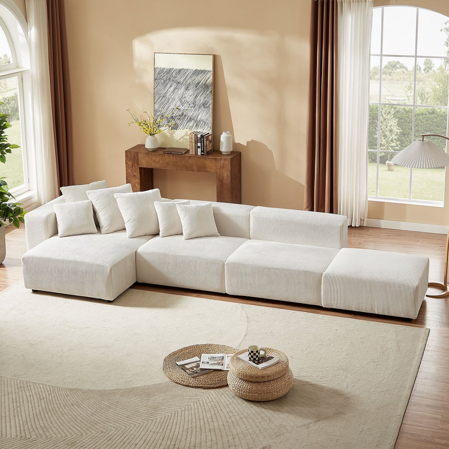 Soft Corduroy Sectional Modular Sofa 4 Piece Set, Small L-Shaped Chaise Couch for Living Room, Apartment, Office, Beige