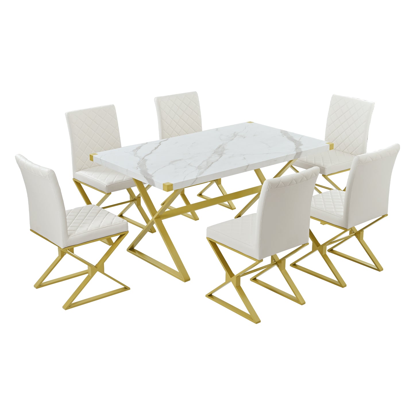 TREXM 7-Piece Modern Dining Table Set, Rectangular Marble Texture Kitchen Table and 6 PU leather Chairs with X-Shaped Gold Steel Pipe Legs for Dining Room (White)