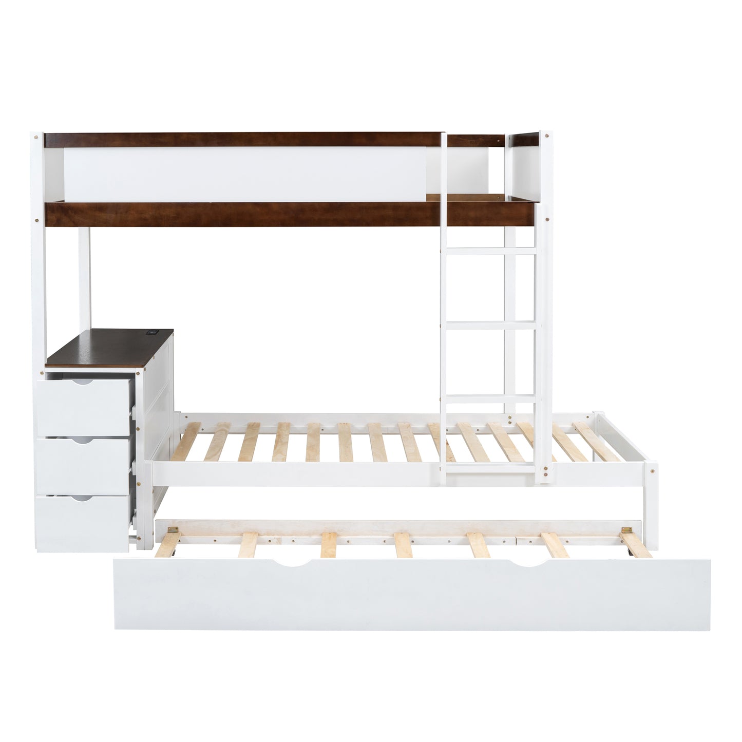 Twin Bunk Bed with Trundle, Storage, Desk, White-Walnut Finish & Maximized Space Storage Solution