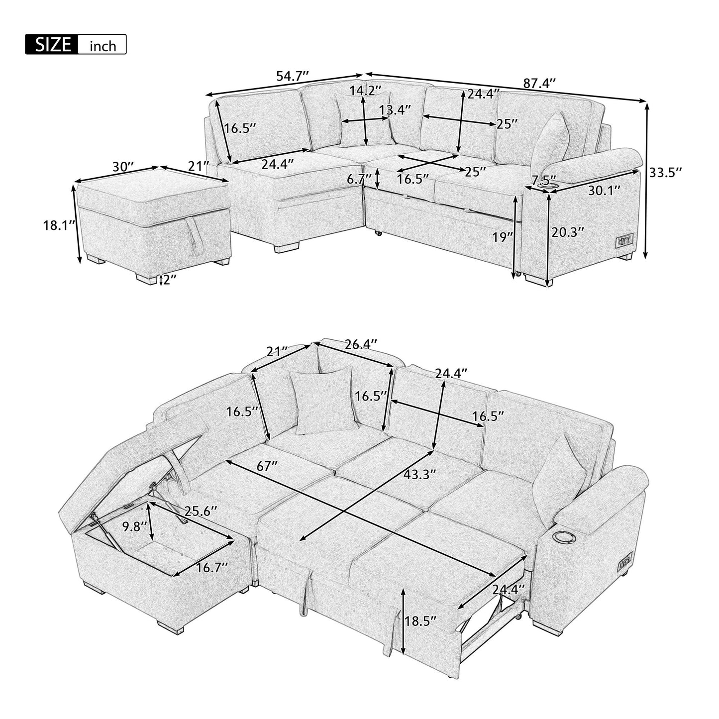 87.4 Gray L-Shaped Sleeper Sofa Bed with Ottoman Storage