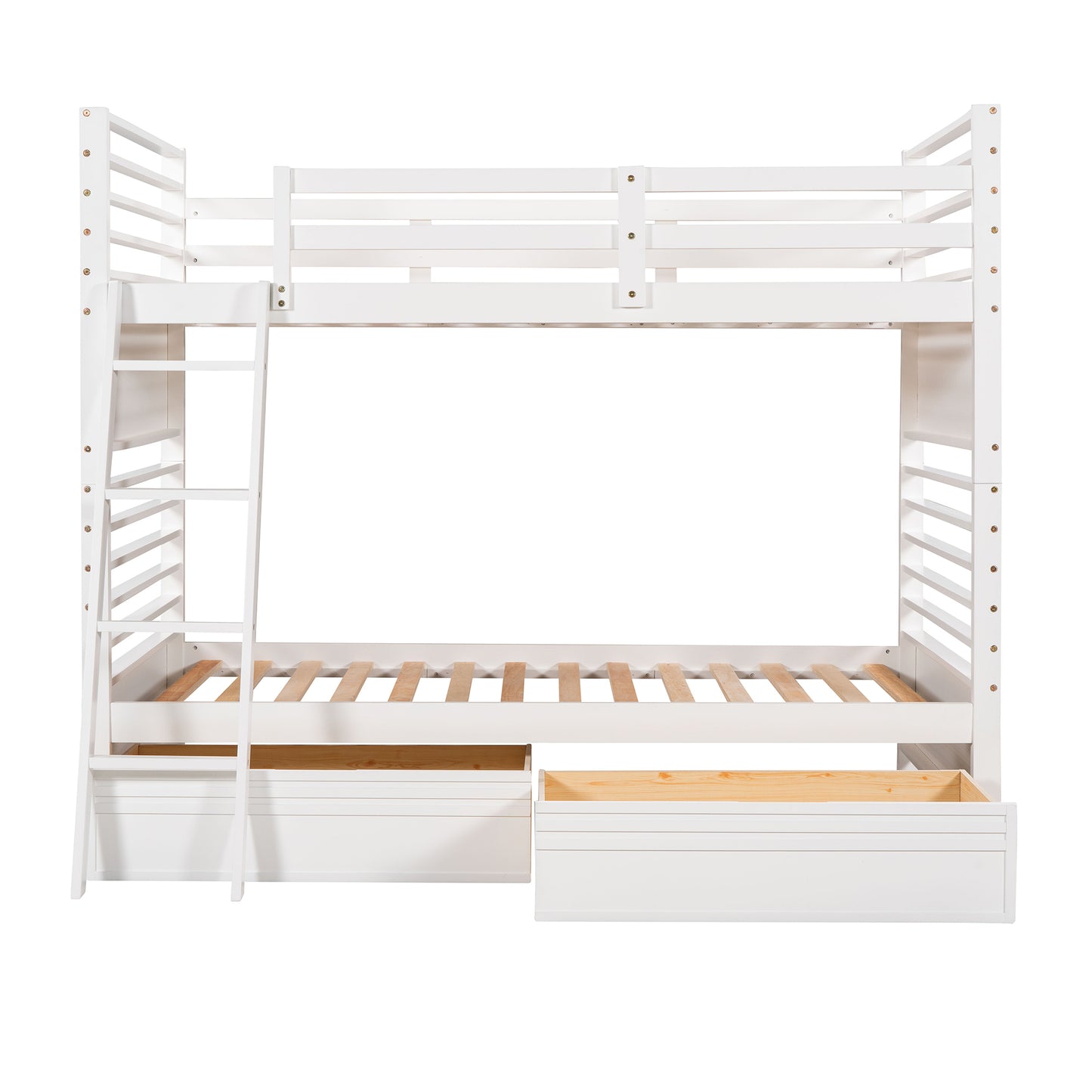 White Twin Bunk Bed with Two Underbed Drawers for Space-Saving Sleepovers