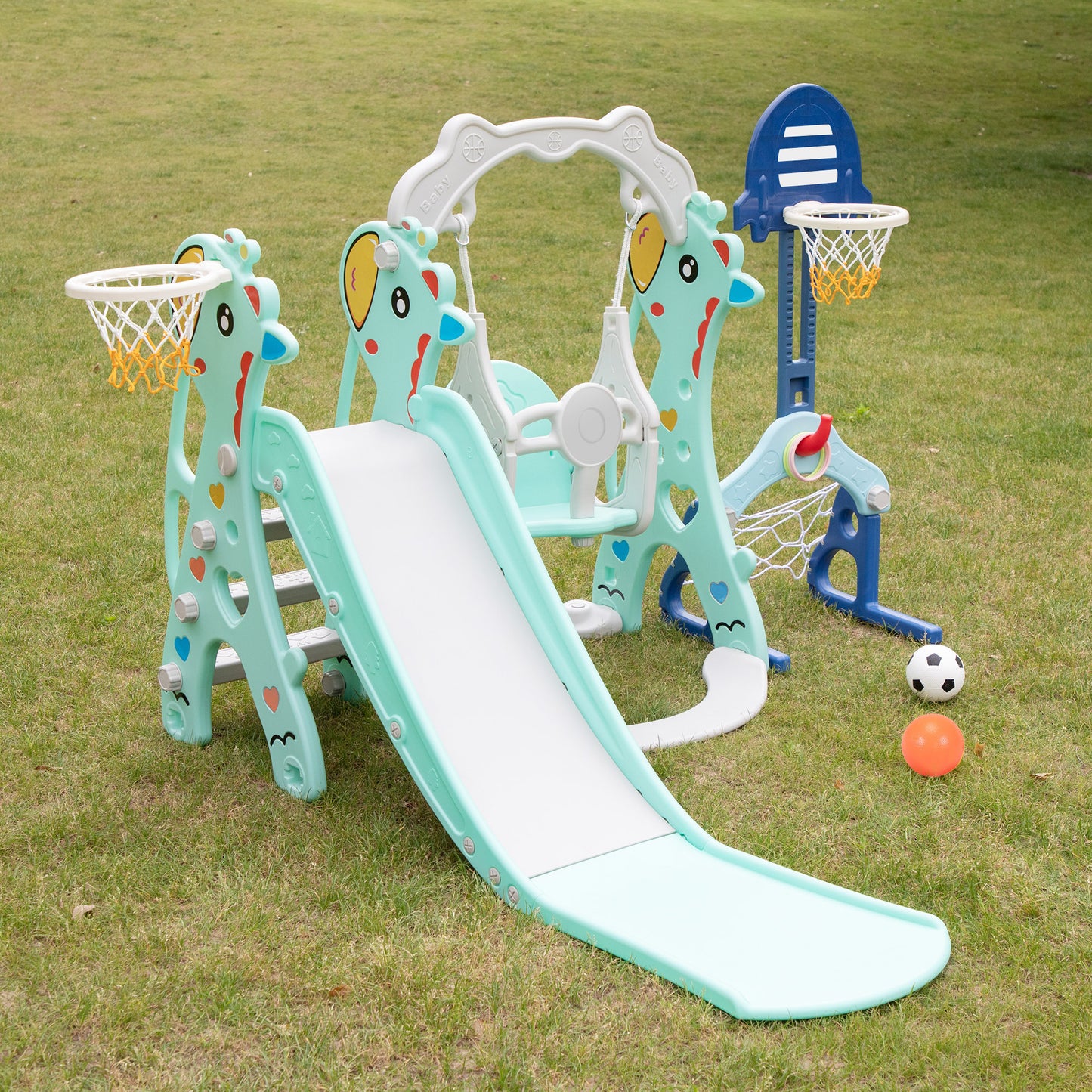 5-in-1 Toddler Slide and Swing Playground Set with Basketball Hoops, Football, and Ringtoss - Indoor and Outdoor Use