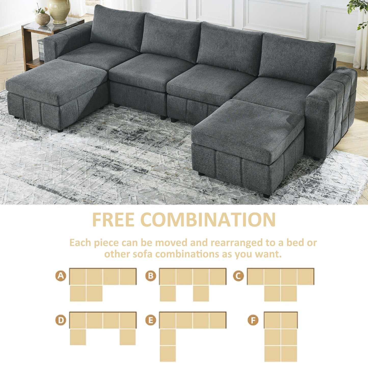 U-Shaped Modular Sectional Sofa Set with Ottoman, 4-Seater for Stylish Living Room Apartments