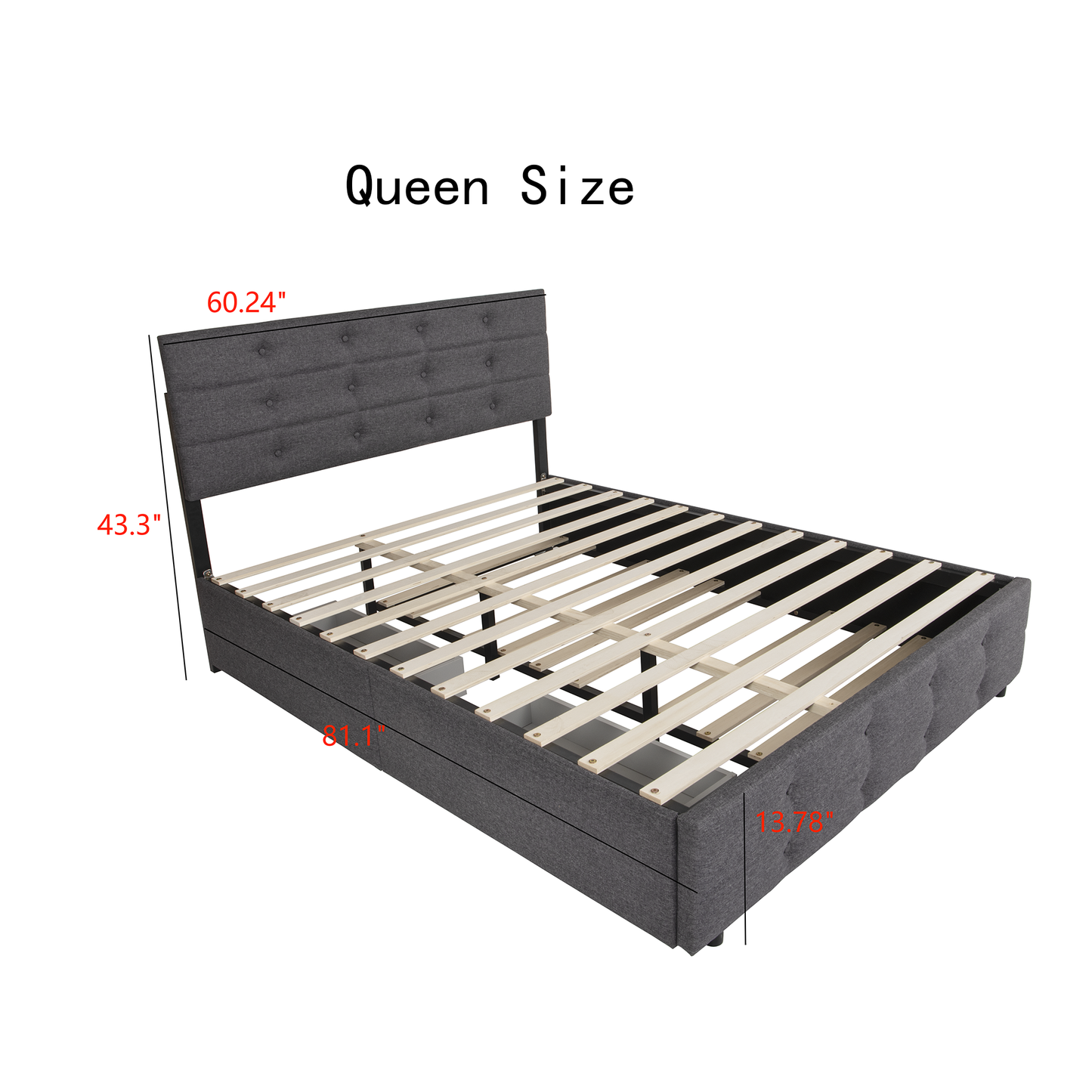 Queen Size Upholstered Linen Fabric Trundle bed with drawers Grey