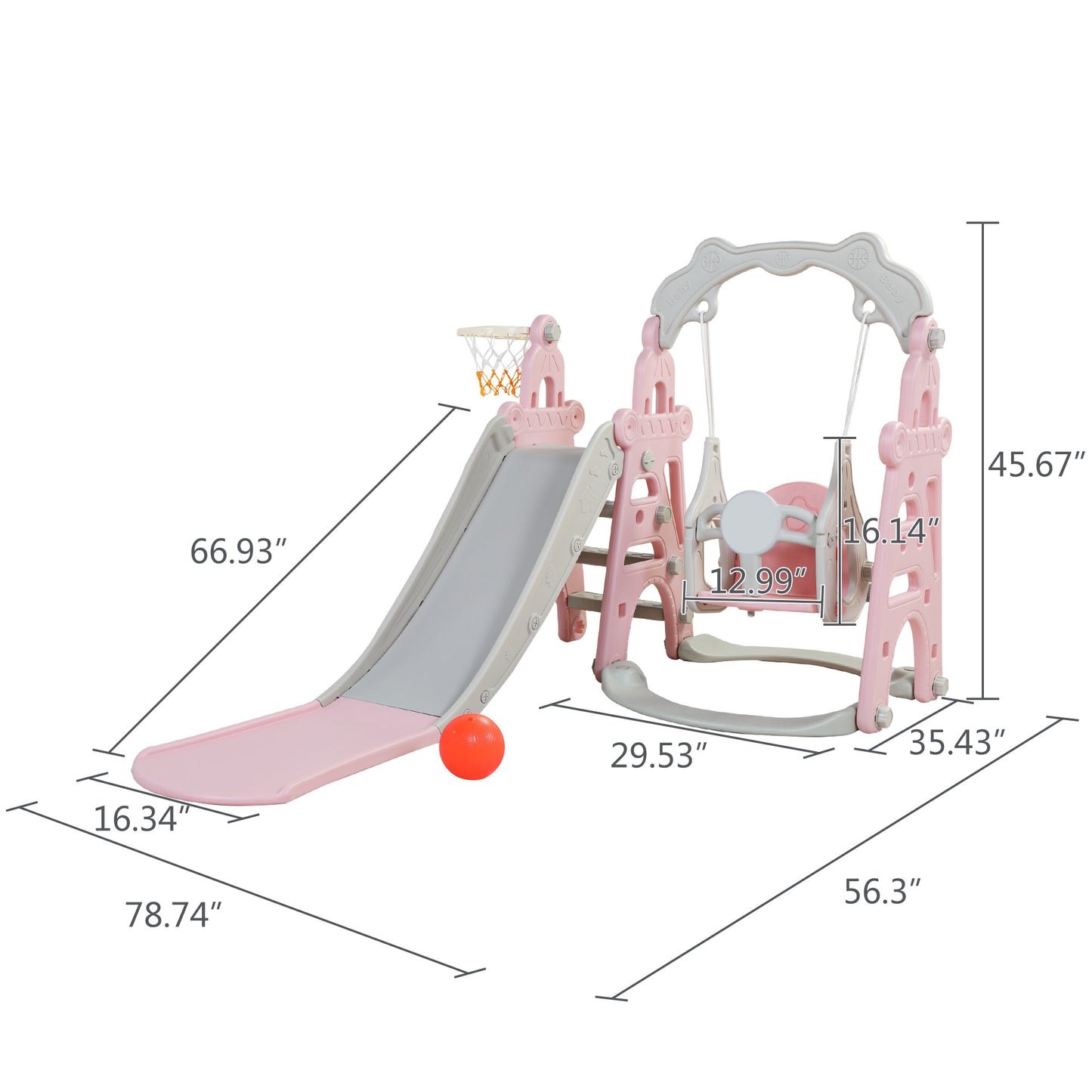 3-in-1 Kids Slide and Swing Set with Basketball Hoop, Indoor and Outdoor Activity Center in Pink and Gray