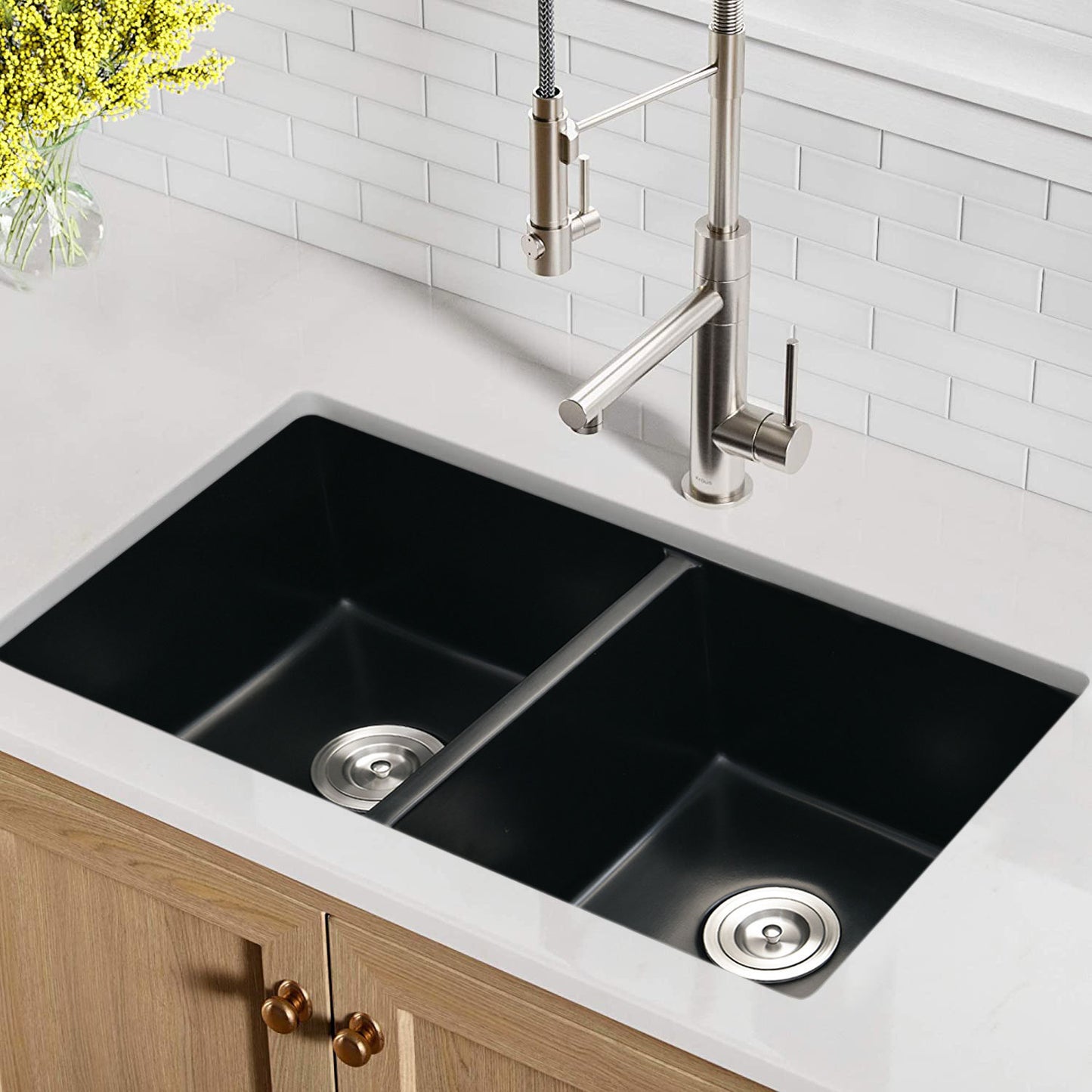 33 Granite Composite Double Bowl Undermount Kitchen Sink With Basket Strainer