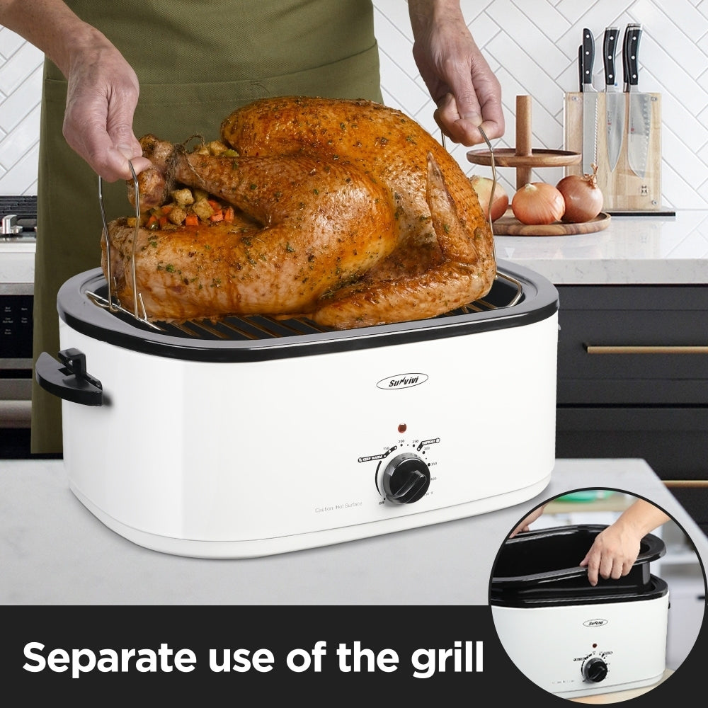 White Stainless Steel Electric Turkey Roaster with Temperature Control and See-through Lid