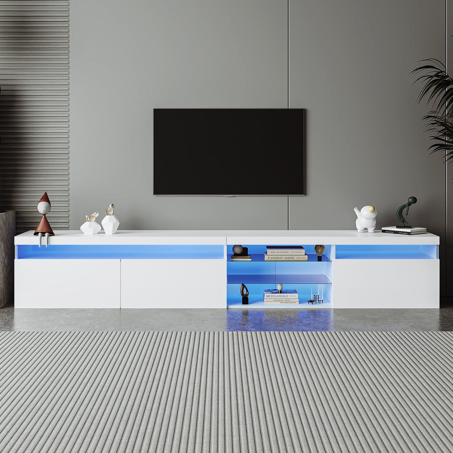 Modern White TV Stand with Glass Shelves and LED Lights for TVs Up to 100