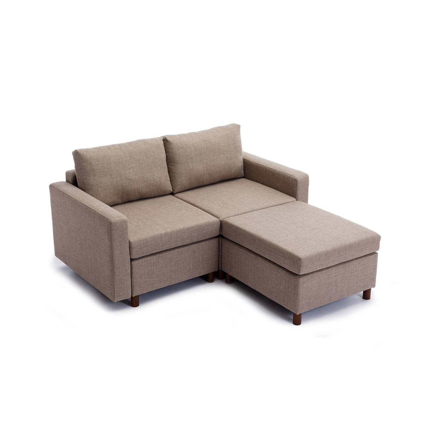 2 Seater Modular Sectional Sofa Set with 2 Ottomans for Living Room, Brown Linen Upholstery