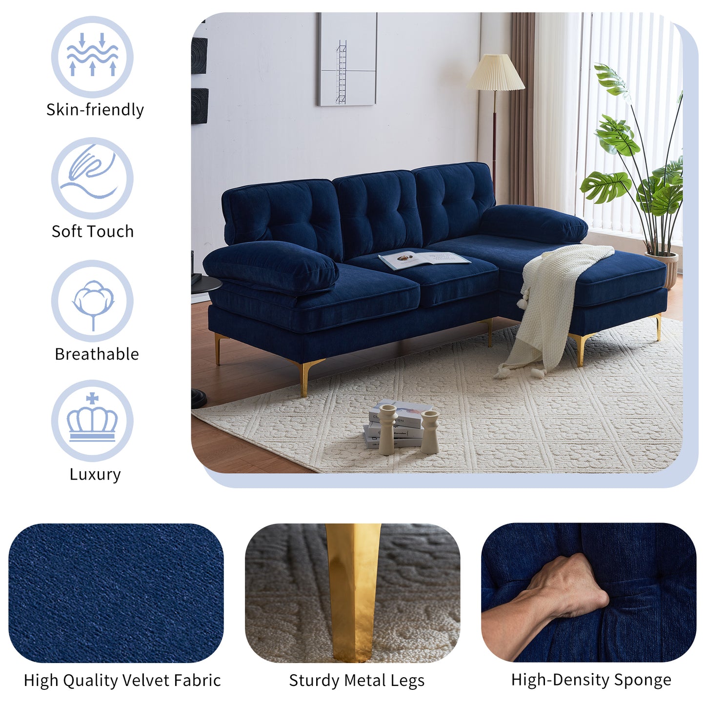 83 Blue Velvet L-Shaped Sectional Sofa with Mid-Century Modern Vibes