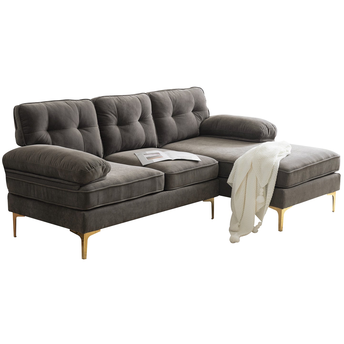 Luxurious Brown Velvet L-Shaped Modern Sectional Sofa for Living Room or Bedroom