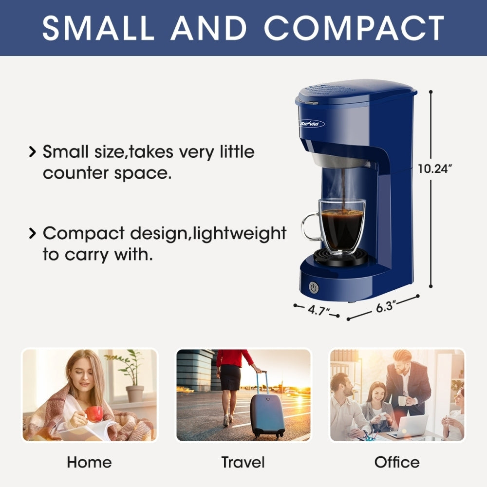 Blue Single Serve Coffee Maker with K Cup Pod and Ground Coffee Options