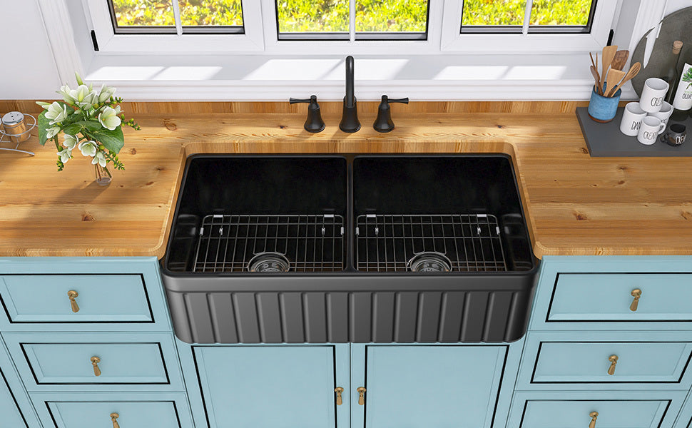 Black Double Bowl Fireclay Farmhouse Kitchen Sink