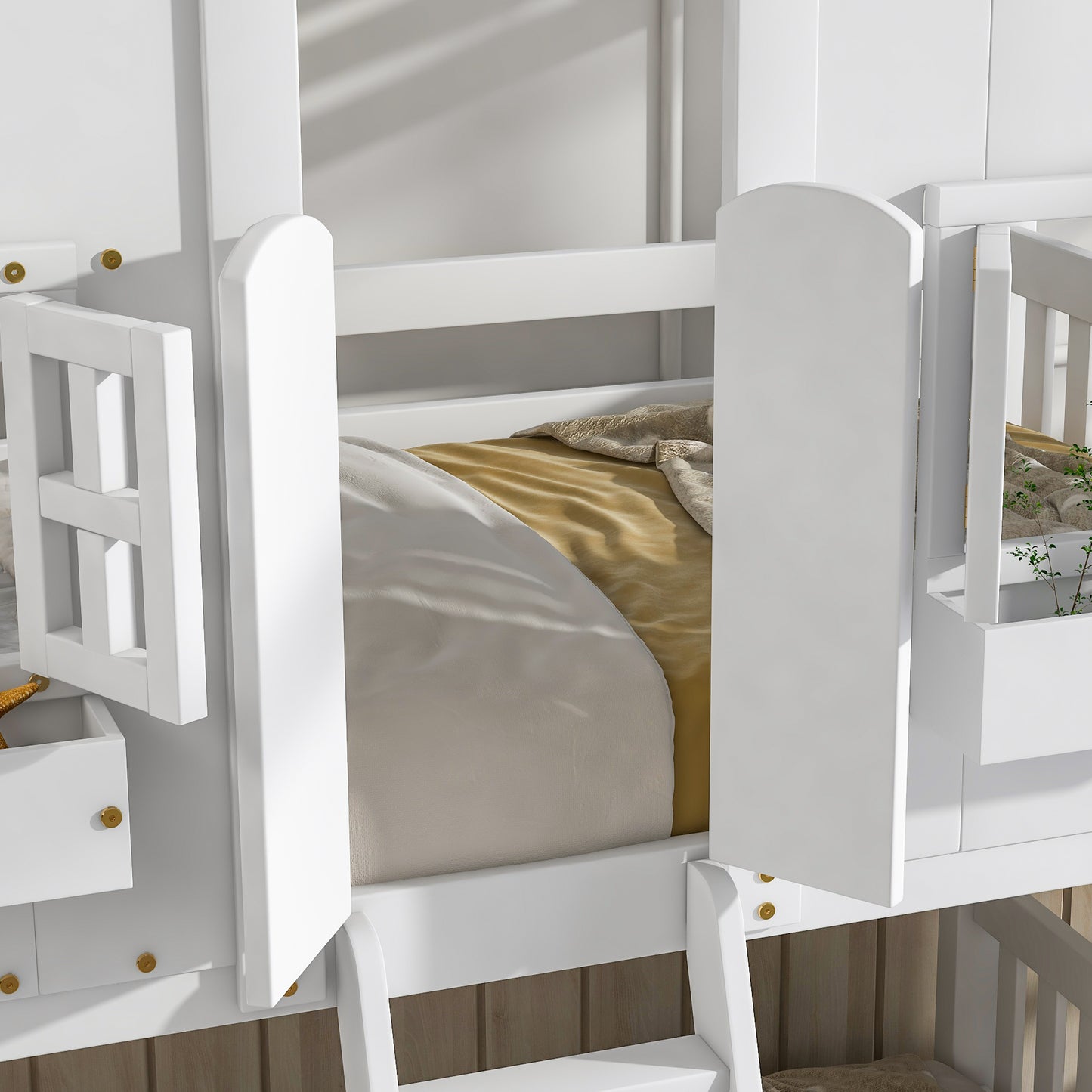 Cabin Inspired Kids' White Bunk Bed with Roof, Window, and Door