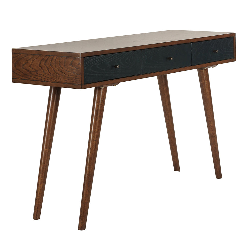 Transitional 3 Drawer Writing Desk in Pecan Finish with Navy Accents