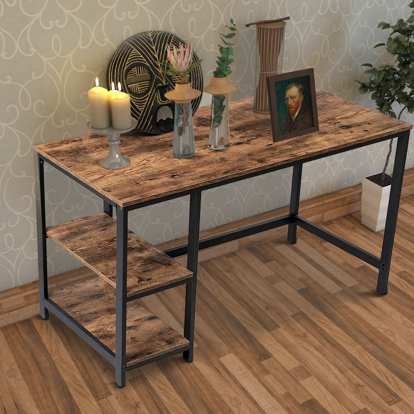 Industrial Style Wood and Metal Desk with 2 Shelves, Black/Brown