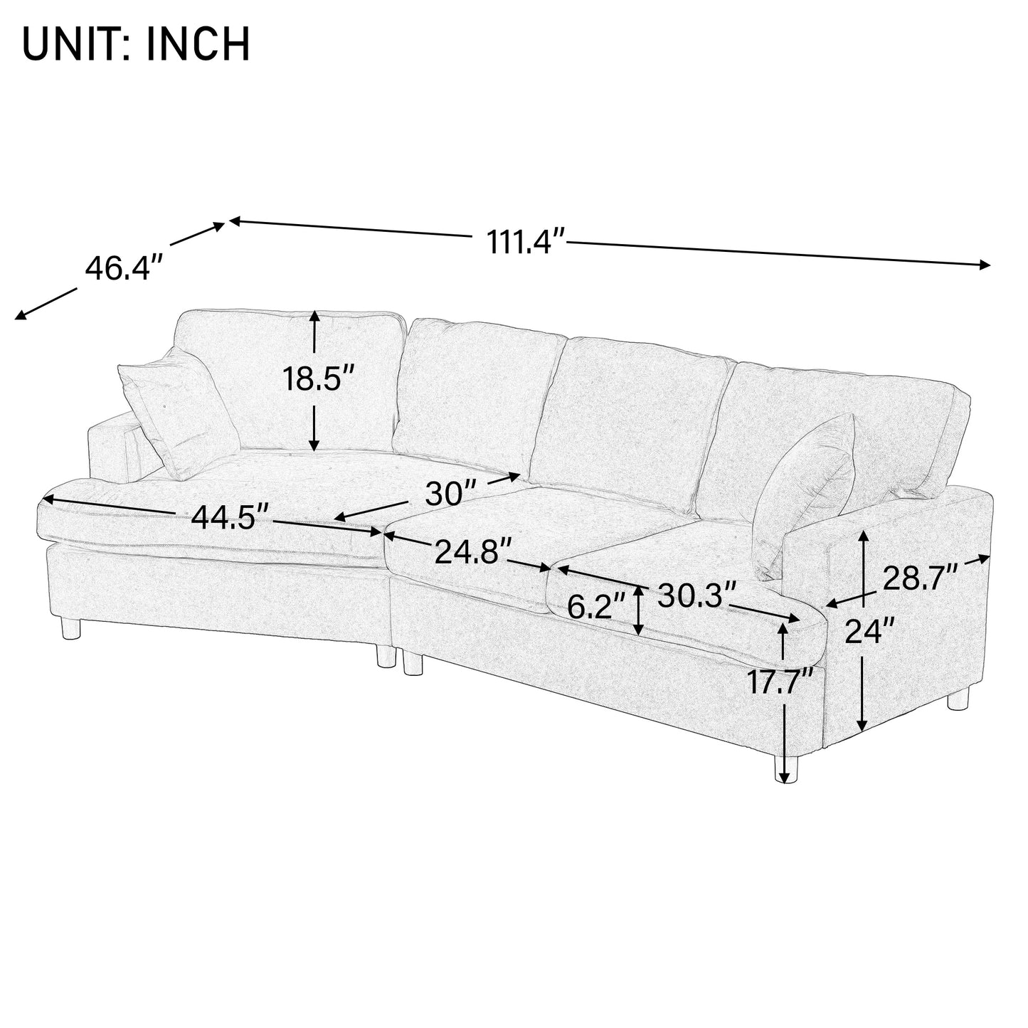 U_STYLE 3 Seat Streamlined Sofa with Removable Back and Seat Cushions and 2 pillows, for Living Room, Office, Apartment