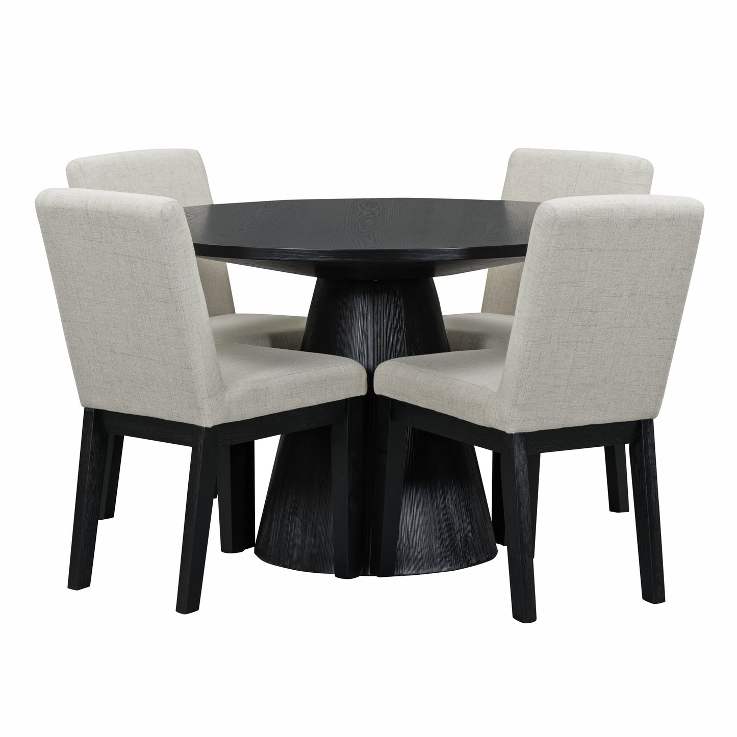 TREXM 5-piece Dining Set Retro Round Table with 4 Upholstered Chairs for Living Room, Dining Room (Black)