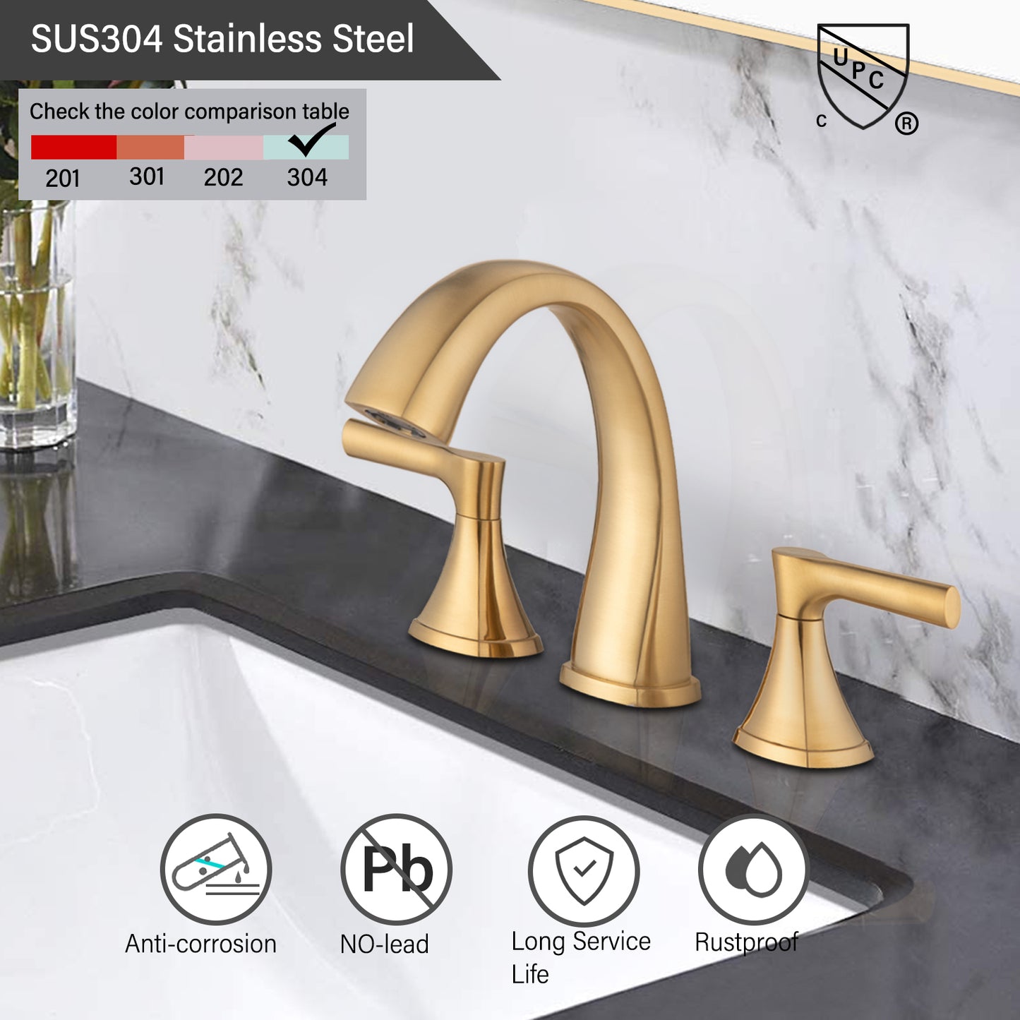 Elegant Brushed Golden Two Handle Vanity Bath Faucet with Drain Assembly