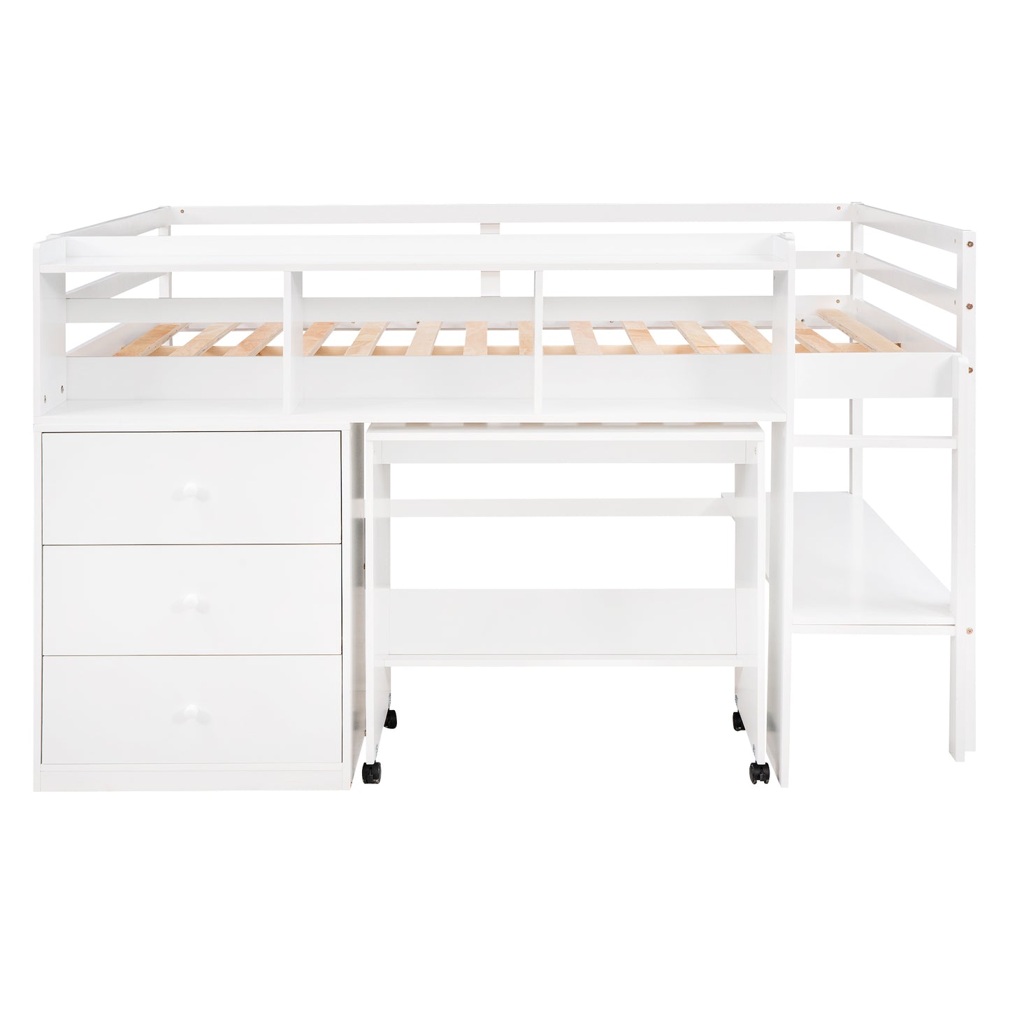 Full Size Low Loft Bed with Rolling Portable Desk, Drawers and Shelves, White(: GX000711AAK)