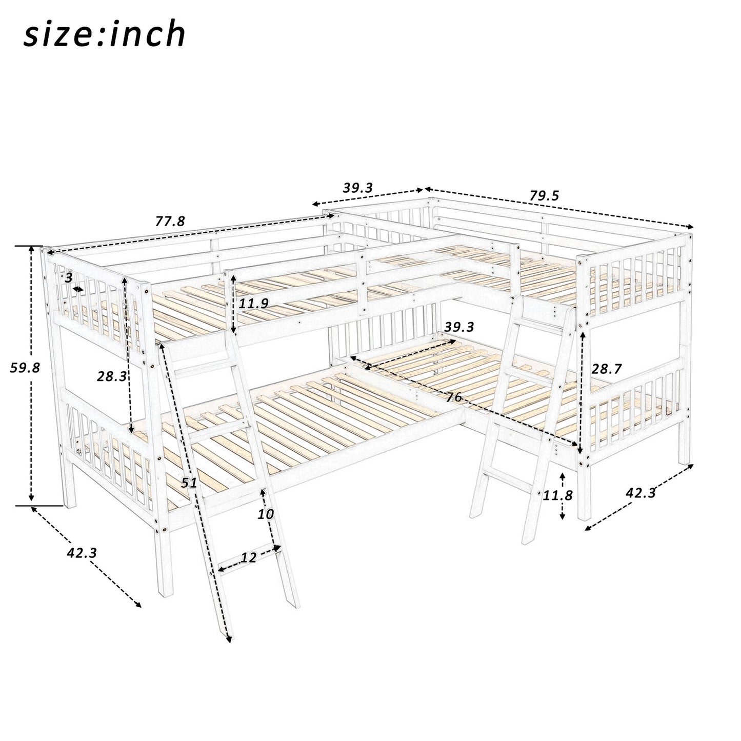 Double Decker White Bunk Bed with Versatile L-Shaped Design