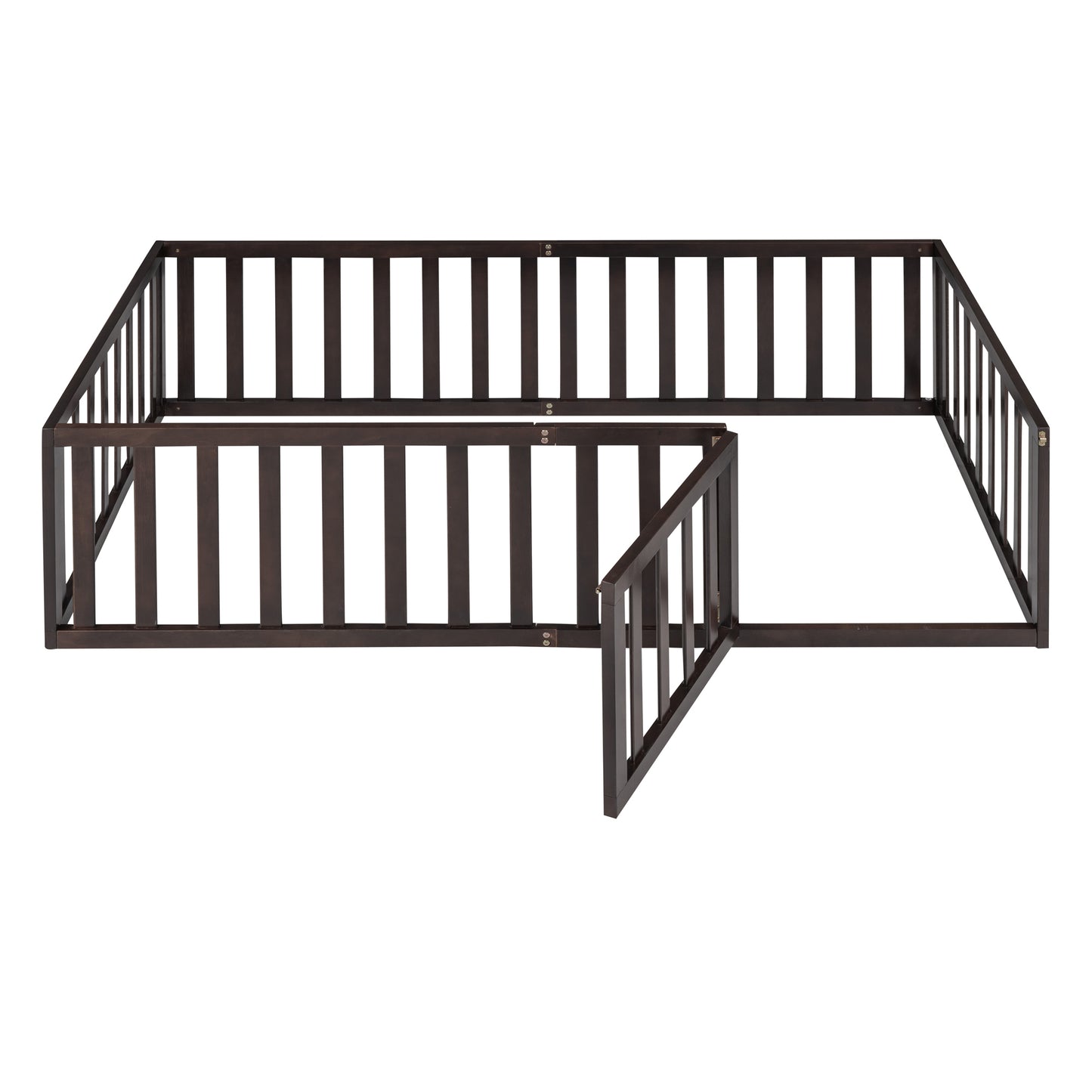 Twin Size Wood Floor Bed Frame with Fence and Door, Walnut( :WF289661AAL)