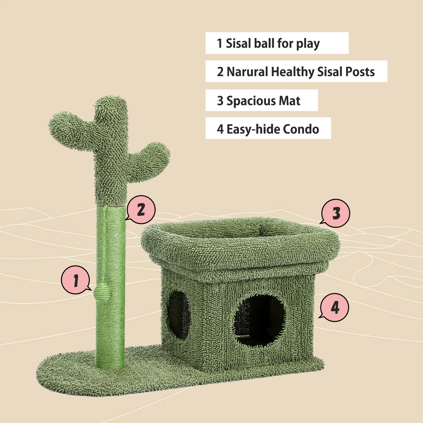 Cat Tree 27.6 inches with Cactus Scratching Posts, Creative Scratching Posts, Stylish Cat Tree, with Ball and Cat House  Green