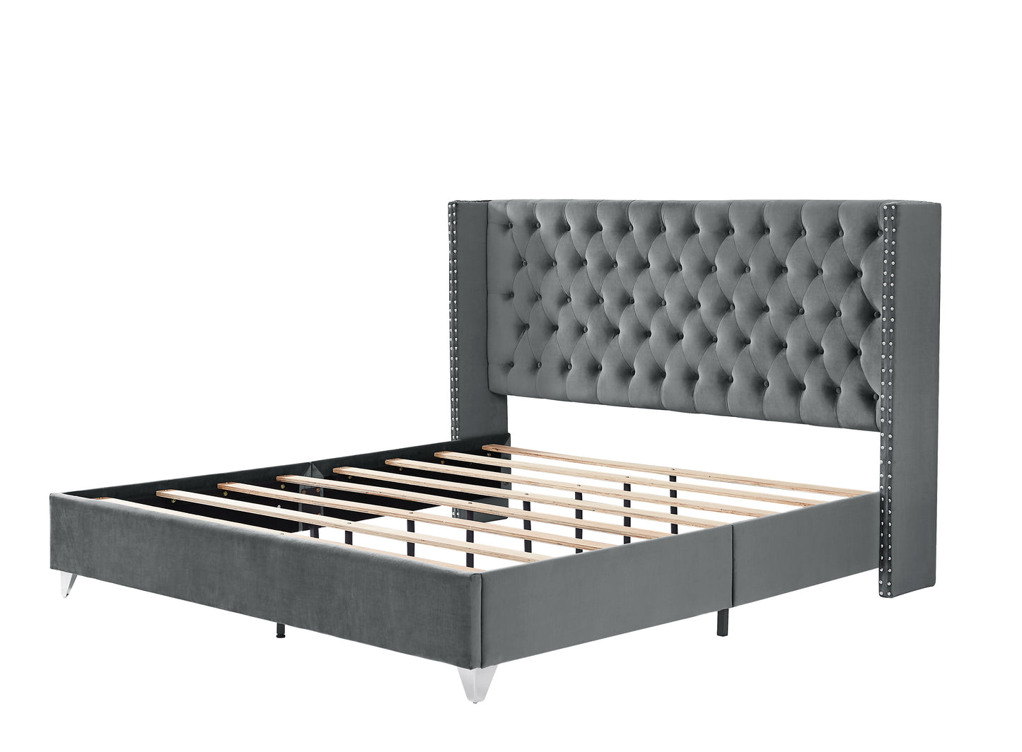 B100S King bed with one nightstand, Button designed Headboard,strong wooden slats + metal legs with Electroplate