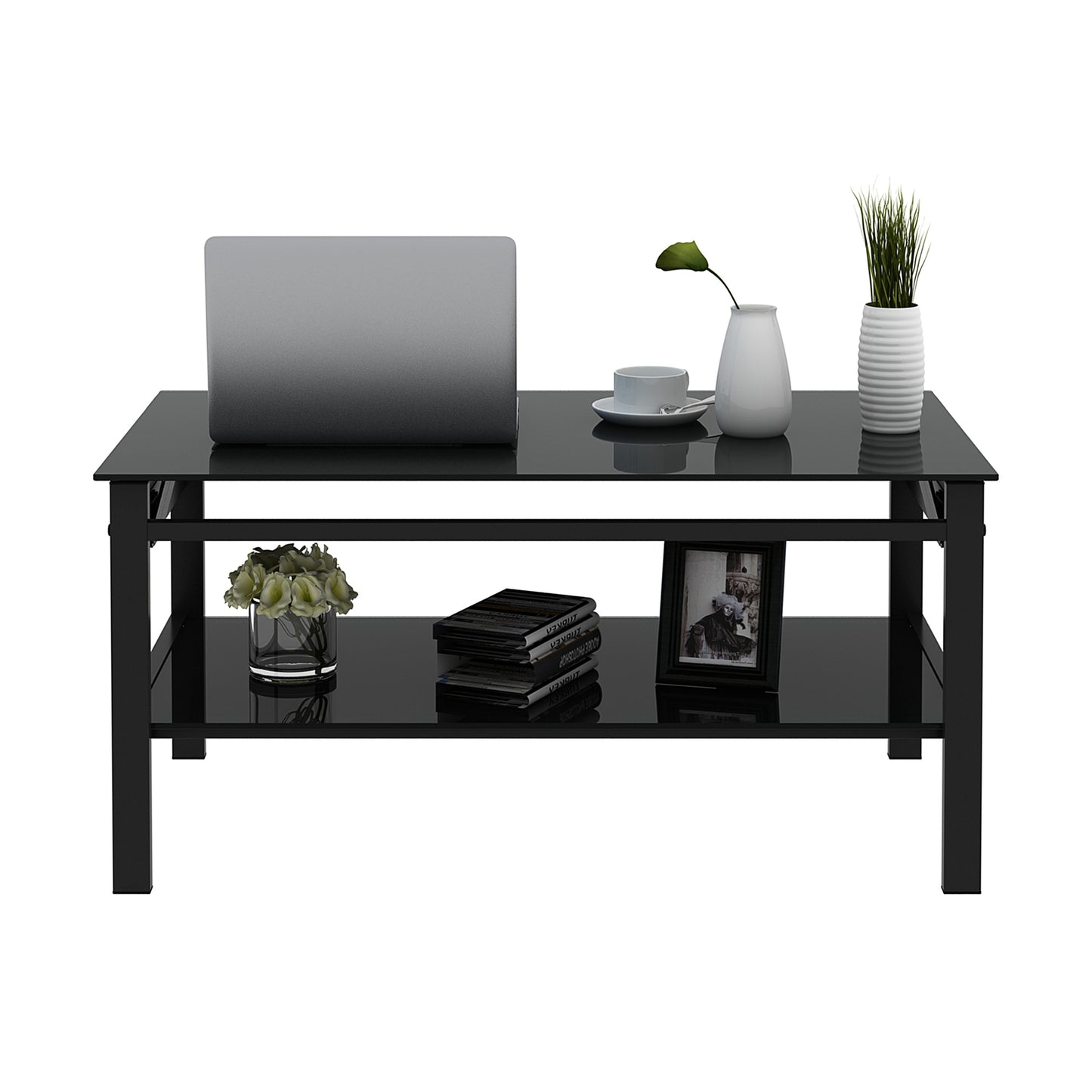 Modern Black Glass Coffee Table with Lift Top and 2-Layer Storage