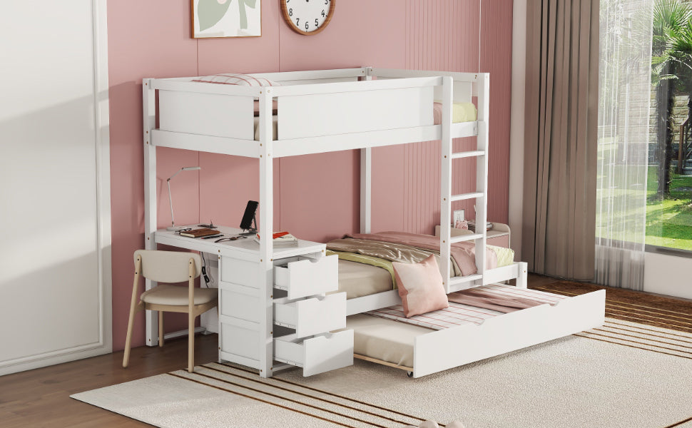 Twin Loft Bed with Trundle, Storage, Desk, and USB Outlets, White