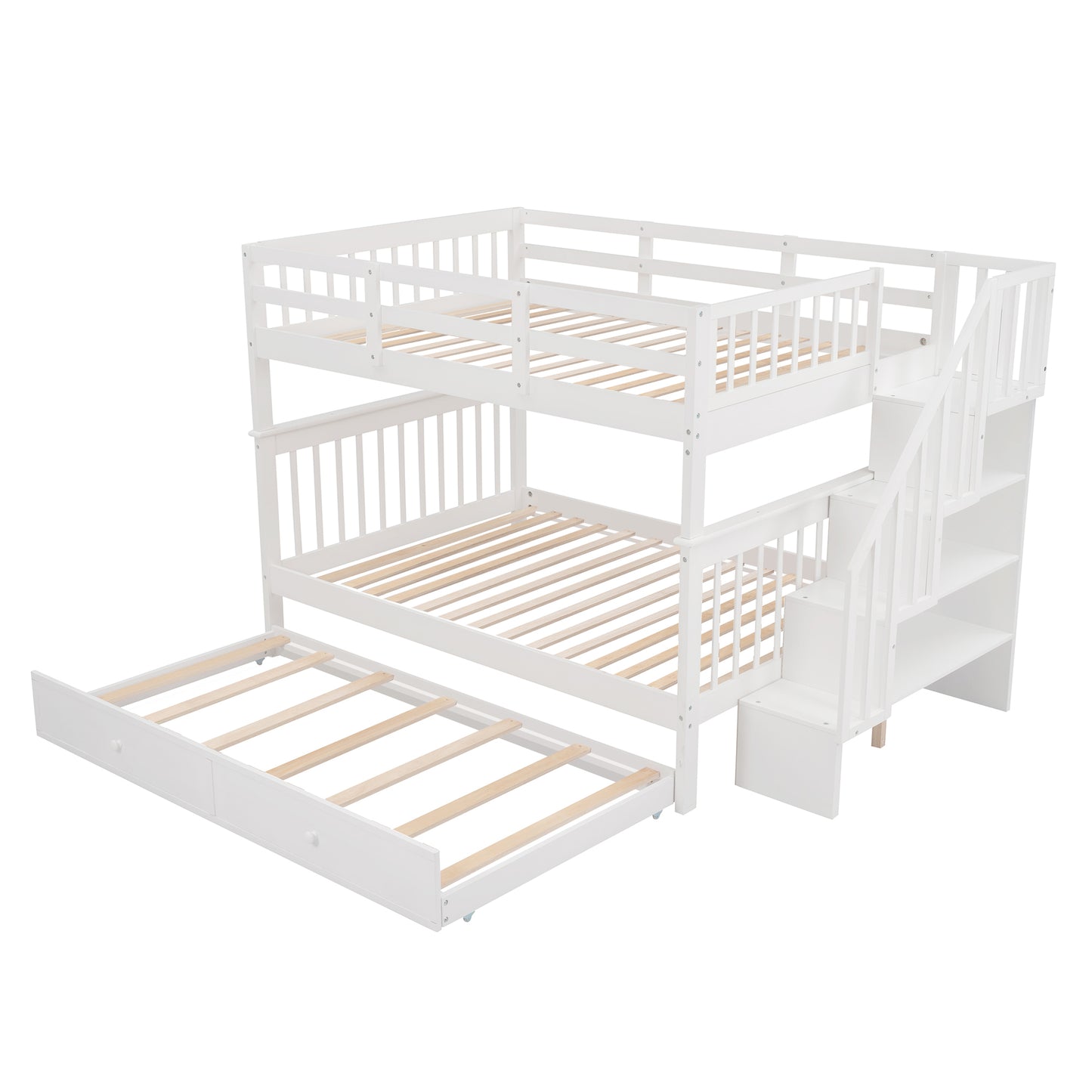 Stairway Full-Over-Full Bunk Bed with Twin Trundle, Storage and Guard Rail - White Oasis for Bedroom