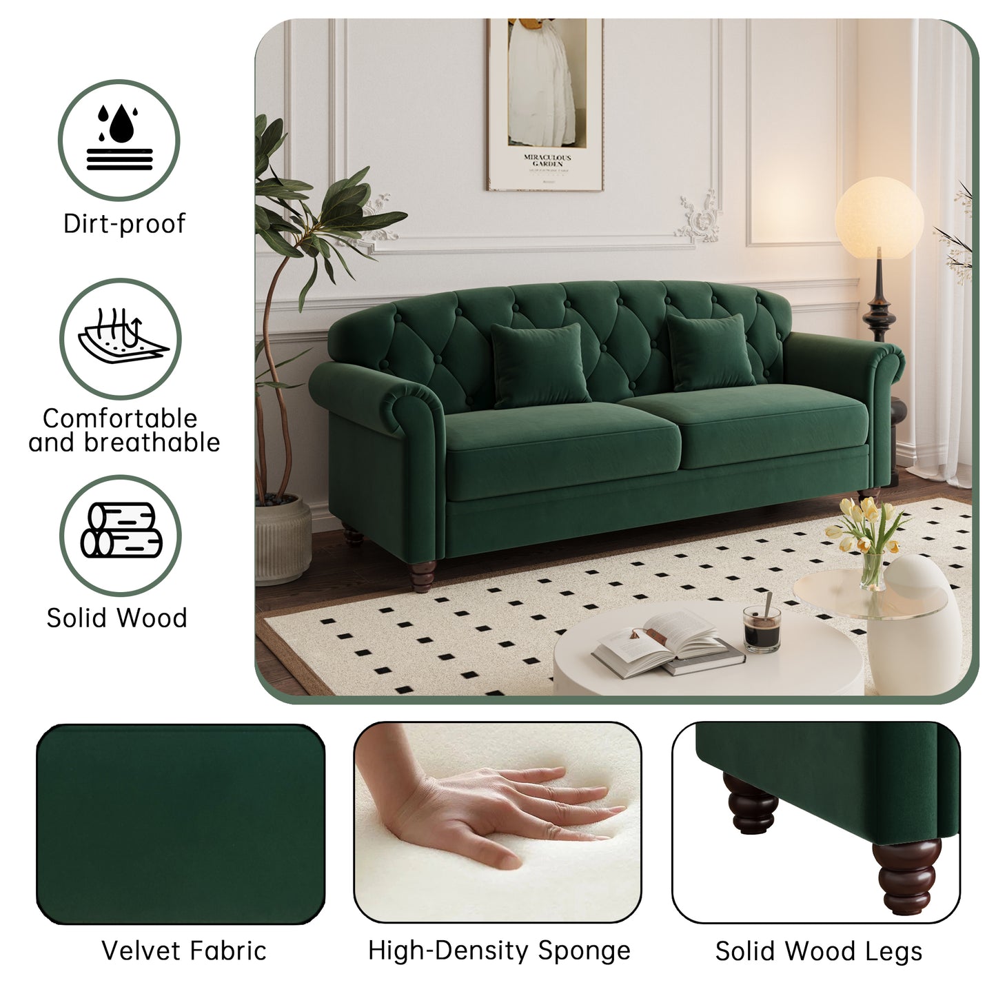 Roll-up arm double armrest backrest with buttons 81.9" Green Velvet Living Room Apartment Studio Sofa