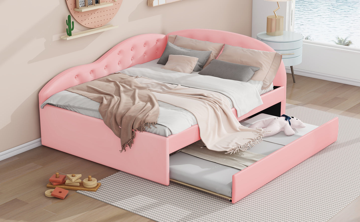 Full Size PU Upholstered Tufted Daybed with Trundle and Cloud Shaped Guardrail, Pink