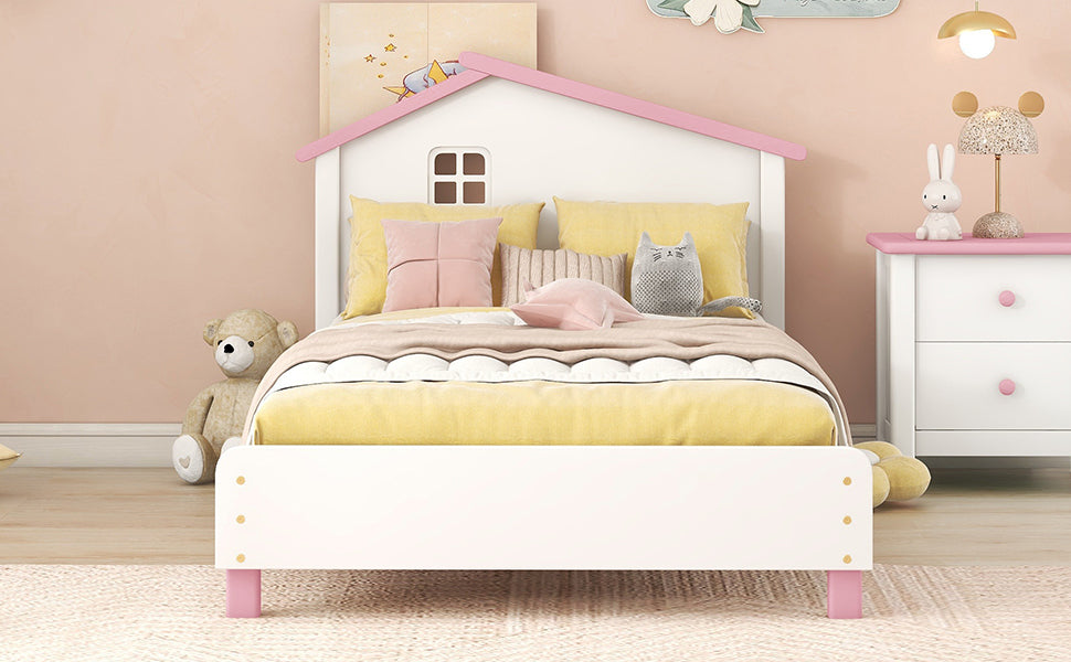 Twin Size Wood Platform Bed with House-shaped Headboard  (White+Pink)