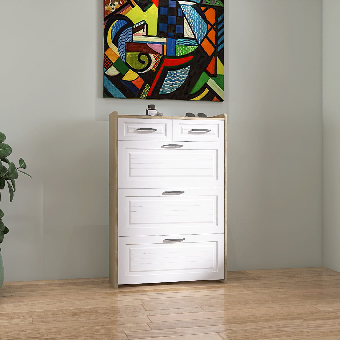 White +Oak Color shoe cabinet  with 3 doors 2 drawers,PVC door with shape ,large space for storage