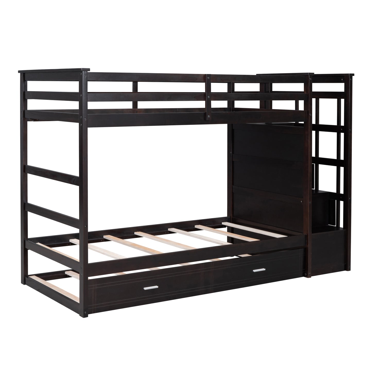 Chic Espresso Twin Bunk Bed with Trundle and Staircase