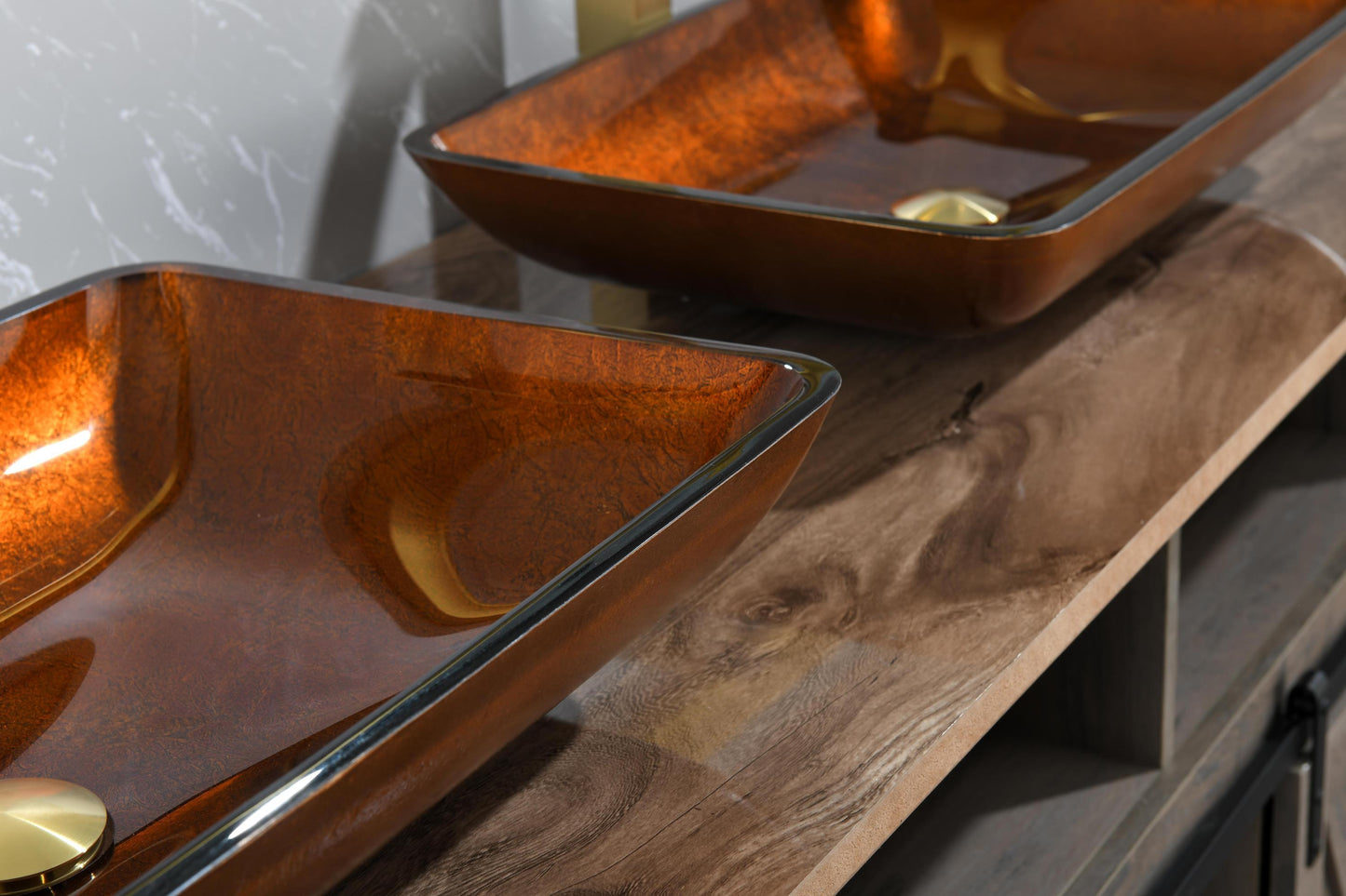 Luxurious Handmade Glass Vessel Sink Set in Deep Chocolate Brown Finish with Gold Accents