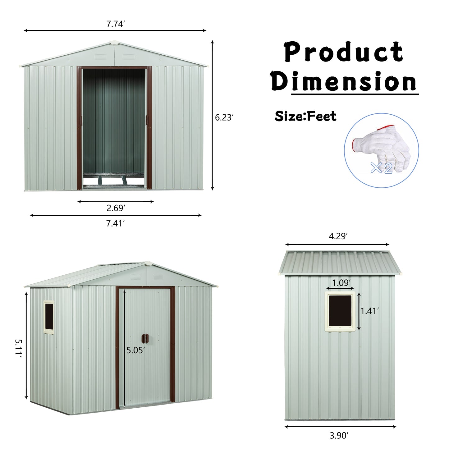 8ft x 4ft Outdoor Metal Storage Shed With window White