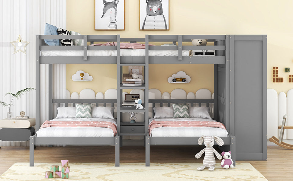 Gray Twin-Twin over Full Bunk Bed with Shelves, Wardrobe, Mirror