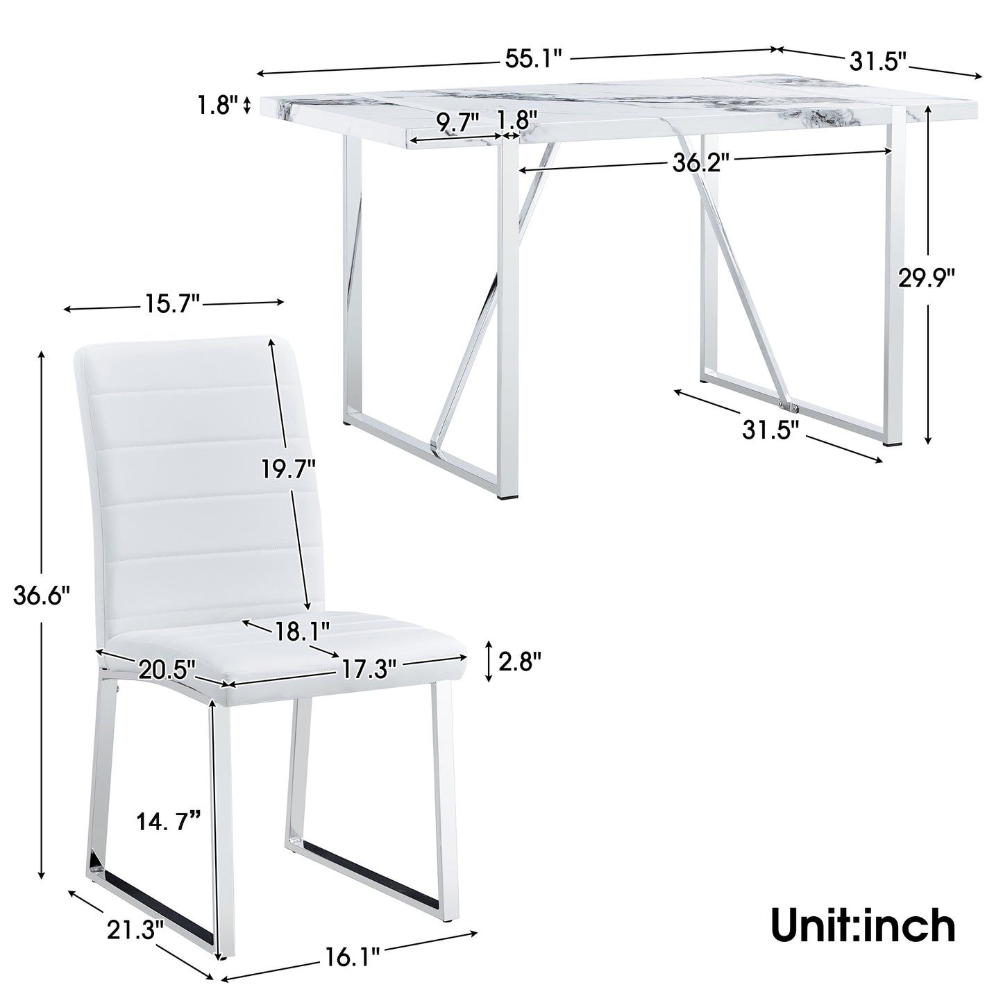 5-piece Dining Table Chairs Set, Rectangular Dining Room Table Set for 4, Faux Marble Modern Dining Table and Faux Leather Chairs for Kitchen Dining Room, White