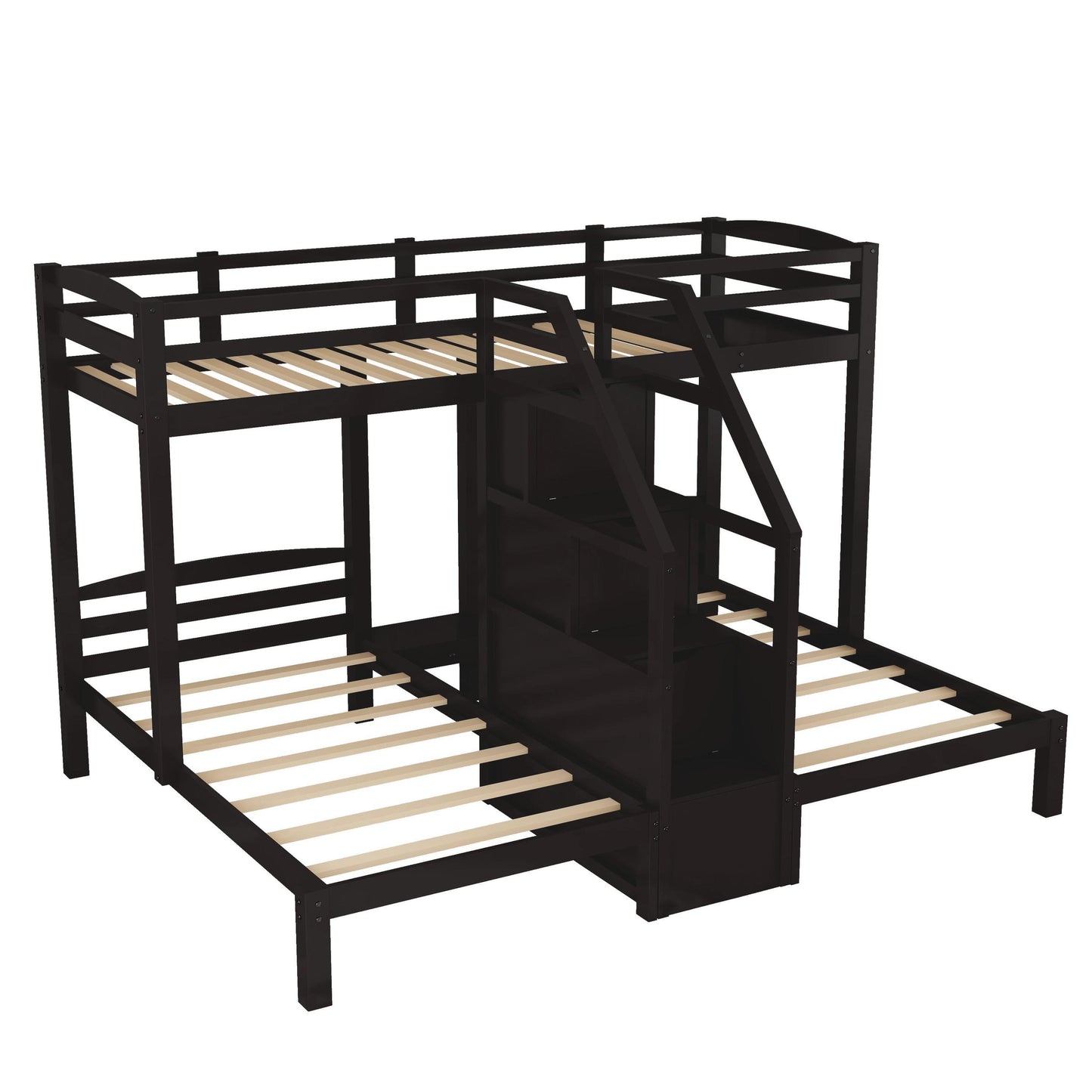 Espresso Triple Bunk Bed with Staircase and Storage Drawers