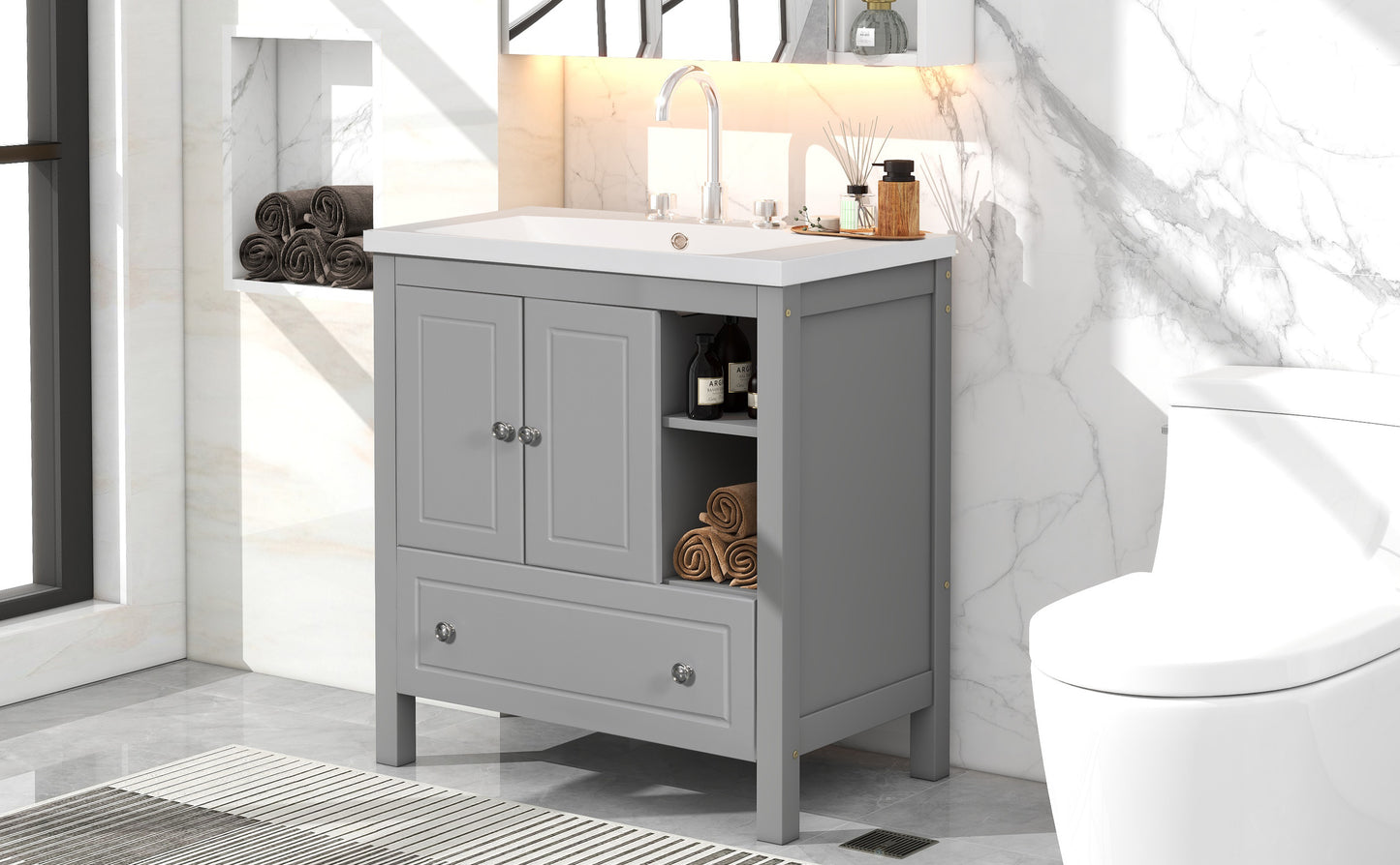 30" Bathroom Vanity with Sink, Bathroom Storage Cabinet with Doors and Drawers, Solid Wood Frame, Ceramic Sink, Grey