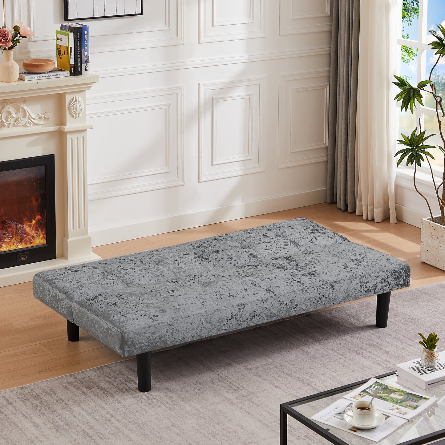 Modern sofa bed in iced velour, multi-position adjustable sofa bed, plastic feet